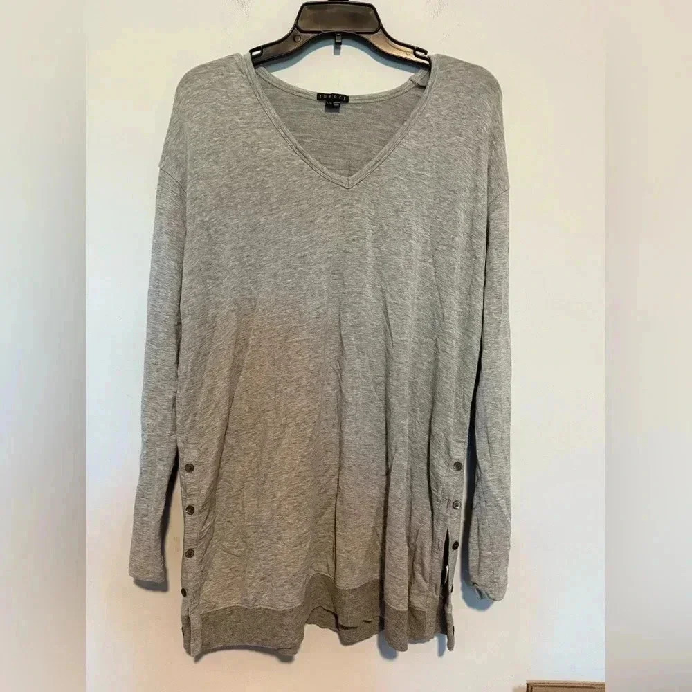 Theory Womens Gray Tunic Blouse Top Size Large Long Sleeve